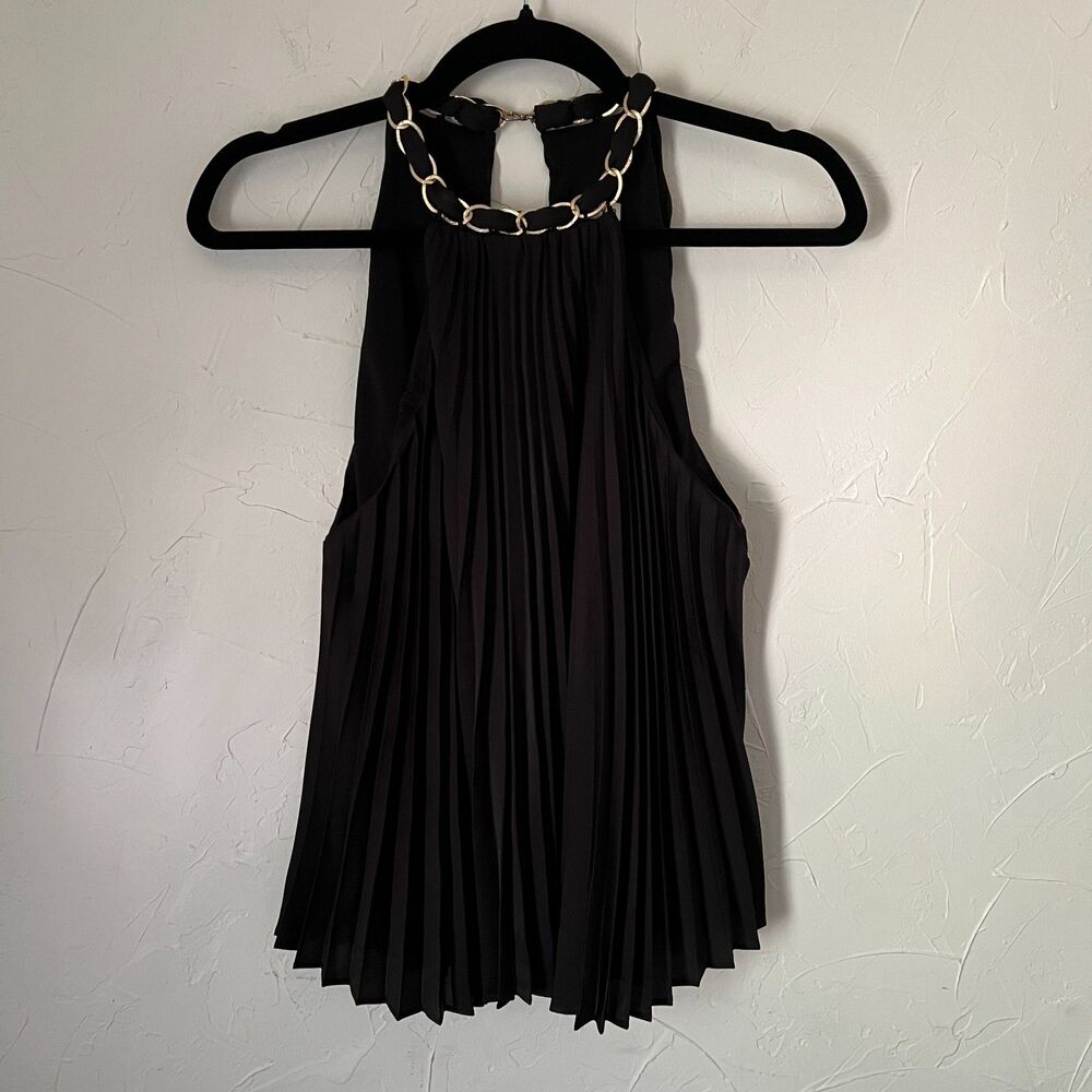 Alice + Olivia Alycia Black Pleated Chain Neck Halter Top Gold Chain Fits Like S - Picture 10 of 11